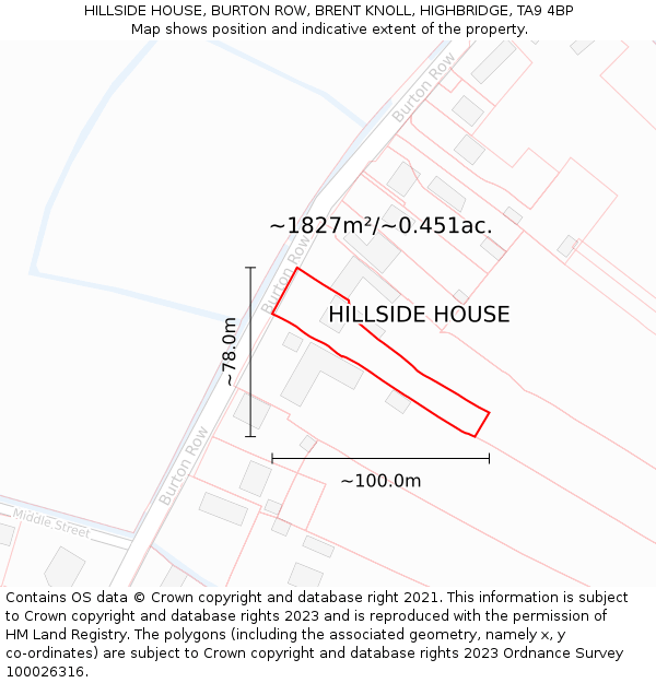 HILLSIDE HOUSE, BURTON ROW, BRENT KNOLL, HIGHBRIDGE, TA9 4BP: Plot and title map