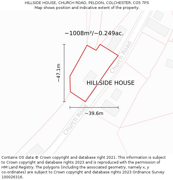 HILLSIDE HOUSE, CHURCH ROAD, PELDON, COLCHESTER, CO5 7PS: Plot and title map