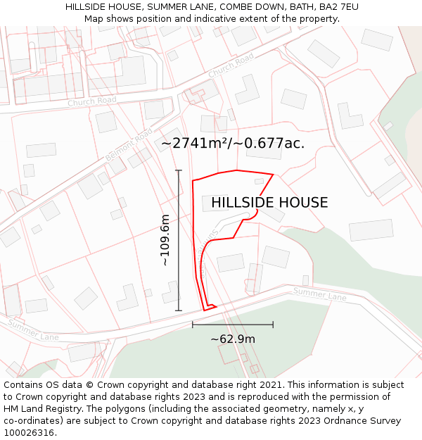 HILLSIDE HOUSE, SUMMER LANE, COMBE DOWN, BATH, BA2 7EU: Plot and title map