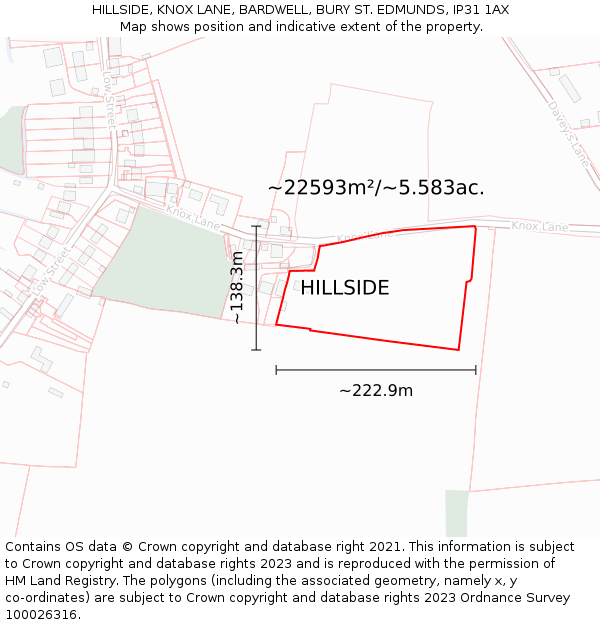 HILLSIDE, KNOX LANE, BARDWELL, BURY ST. EDMUNDS, IP31 1AX: Plot and title map