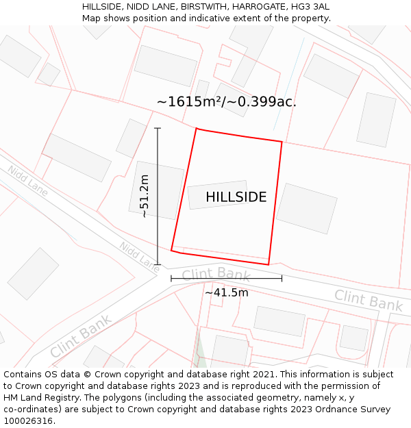 HILLSIDE, NIDD LANE, BIRSTWITH, HARROGATE, HG3 3AL: Plot and title map