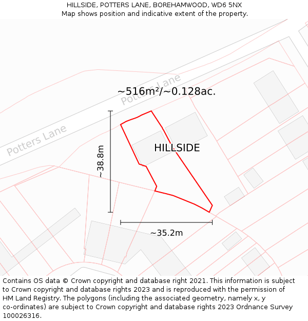 HILLSIDE, POTTERS LANE, BOREHAMWOOD, WD6 5NX: Plot and title map