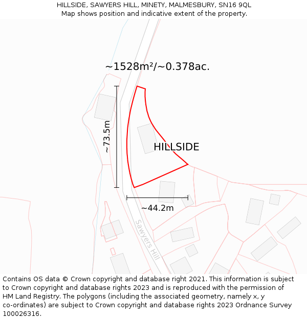 HILLSIDE, SAWYERS HILL, MINETY, MALMESBURY, SN16 9QL: Plot and title map