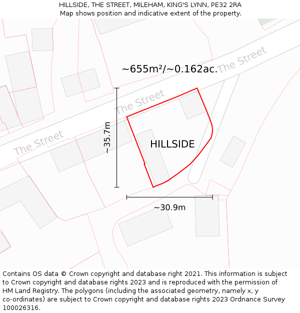 HILLSIDE, THE STREET, MILEHAM, KING'S LYNN, PE32 2RA: Plot and title map