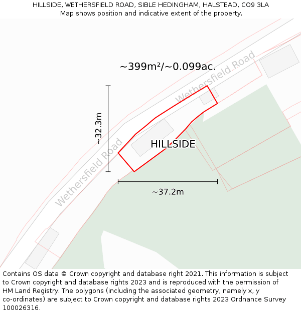 HILLSIDE, WETHERSFIELD ROAD, SIBLE HEDINGHAM, HALSTEAD, CO9 3LA: Plot and title map