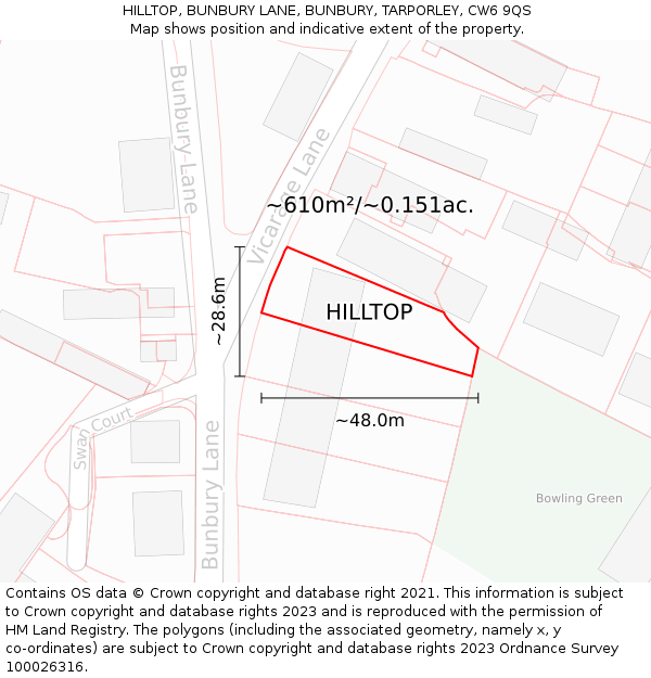 HILLTOP, BUNBURY LANE, BUNBURY, TARPORLEY, CW6 9QS: Plot and title map