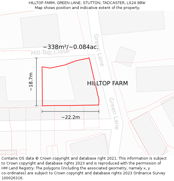 HILLTOP FARM, GREEN LANE, STUTTON, TADCASTER, LS24 9BW: Plot and title map