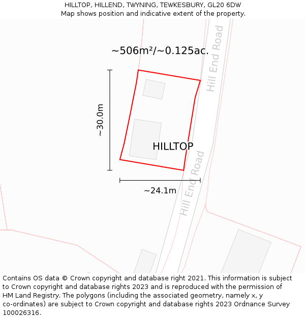 HILLTOP, HILLEND, TWYNING, TEWKESBURY, GL20 6DW: Plot and title map
