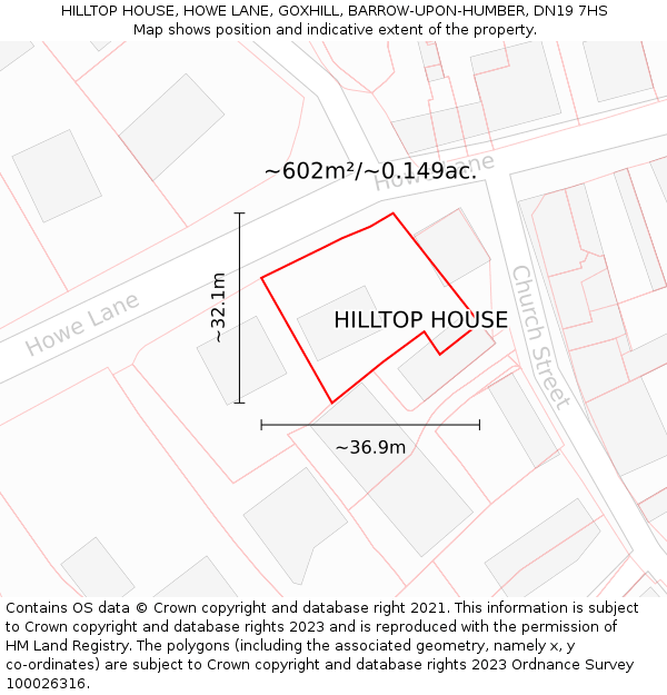 HILLTOP HOUSE, HOWE LANE, GOXHILL, BARROW-UPON-HUMBER, DN19 7HS: Plot and title map