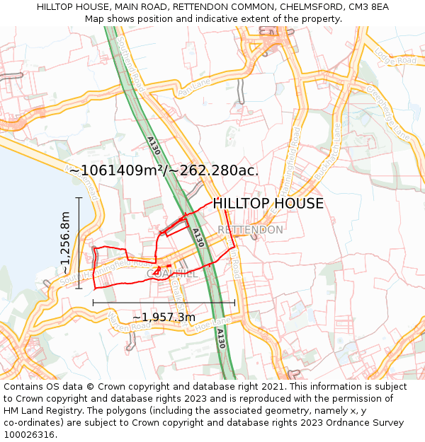 HILLTOP HOUSE, MAIN ROAD, RETTENDON COMMON, CHELMSFORD, CM3 8EA: Plot and title map