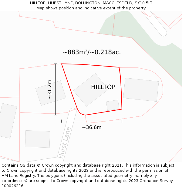 HILLTOP, HURST LANE, BOLLINGTON, MACCLESFIELD, SK10 5LT: Plot and title map