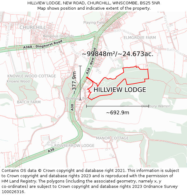 HILLVIEW LODGE, NEW ROAD, CHURCHILL, WINSCOMBE, BS25 5NR: Plot and title map