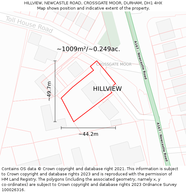 HILLVIEW, NEWCASTLE ROAD, CROSSGATE MOOR, DURHAM, DH1 4HX: Plot and title map