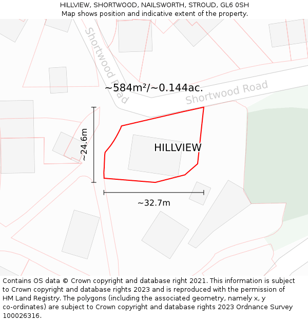 HILLVIEW, SHORTWOOD, NAILSWORTH, STROUD, GL6 0SH: Plot and title map