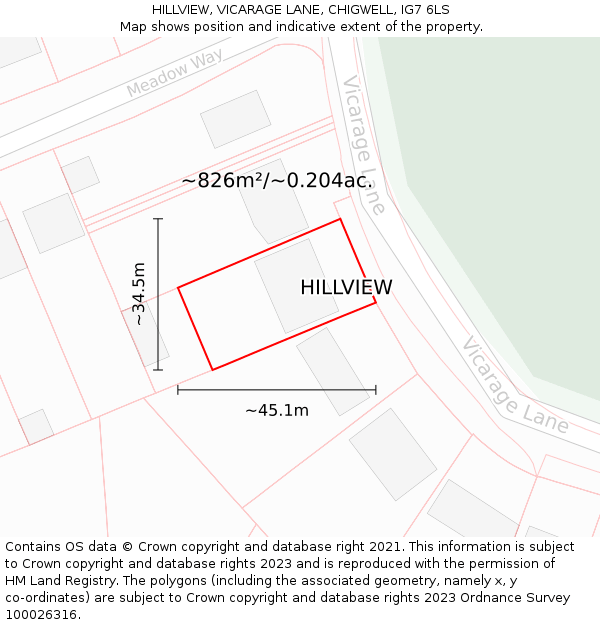 HILLVIEW, VICARAGE LANE, CHIGWELL, IG7 6LS: Plot and title map