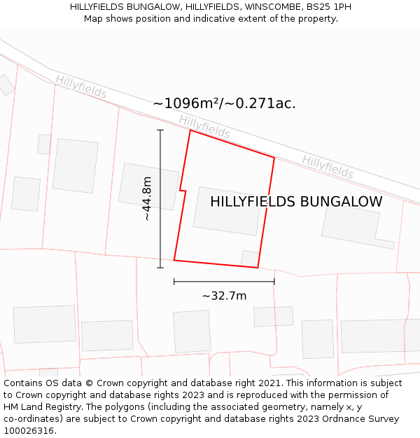 HILLYFIELDS BUNGALOW, HILLYFIELDS, WINSCOMBE, BS25 1PH: Plot and title map