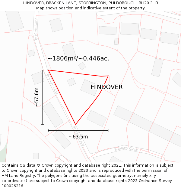 HINDOVER, BRACKEN LANE, STORRINGTON, PULBOROUGH, RH20 3HR: Plot and title map