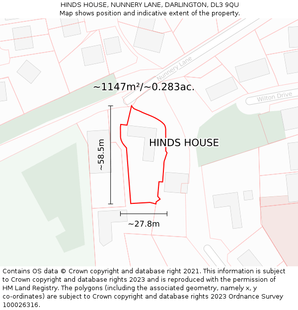 HINDS HOUSE, NUNNERY LANE, DARLINGTON, DL3 9QU: Plot and title map