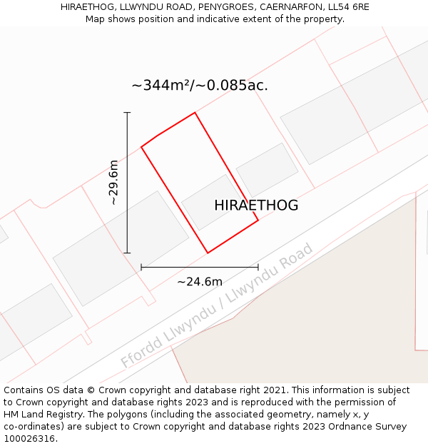 HIRAETHOG, LLWYNDU ROAD, PENYGROES, CAERNARFON, LL54 6RE: Plot and title map