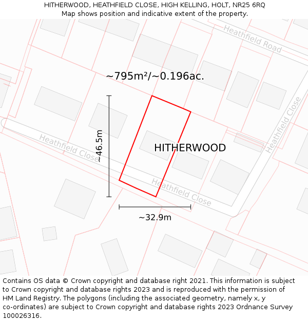 HITHERWOOD, HEATHFIELD CLOSE, HIGH KELLING, HOLT, NR25 6RQ: Plot and title map