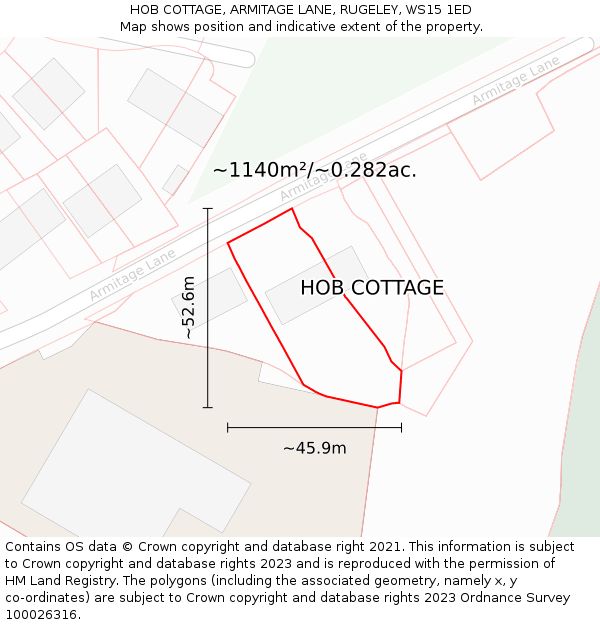 HOB COTTAGE, ARMITAGE LANE, RUGELEY, WS15 1ED: Plot and title map