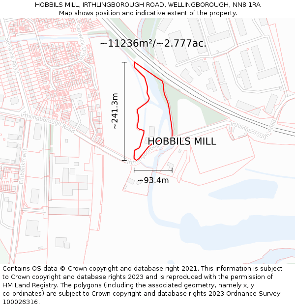 HOBBILS MILL, IRTHLINGBOROUGH ROAD, WELLINGBOROUGH, NN8 1RA: Plot and title map