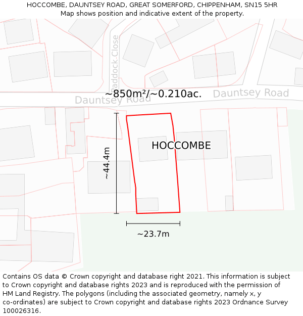 HOCCOMBE, DAUNTSEY ROAD, GREAT SOMERFORD, CHIPPENHAM, SN15 5HR: Plot and title map