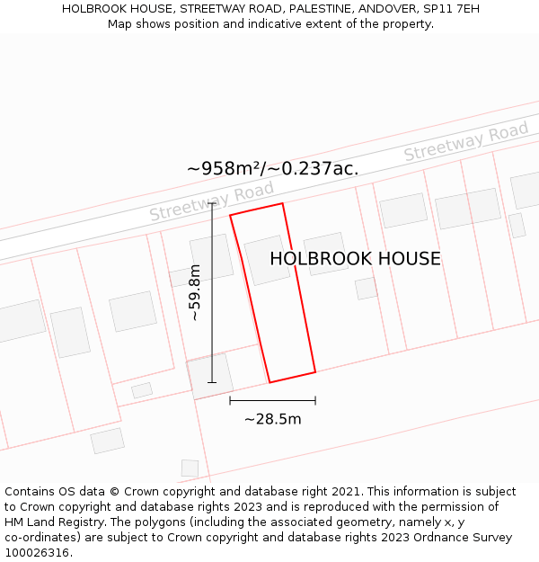 HOLBROOK HOUSE, STREETWAY ROAD, PALESTINE, ANDOVER, SP11 7EH: Plot and title map