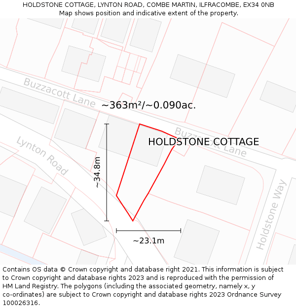 HOLDSTONE COTTAGE, LYNTON ROAD, COMBE MARTIN, ILFRACOMBE, EX34 0NB: Plot and title map