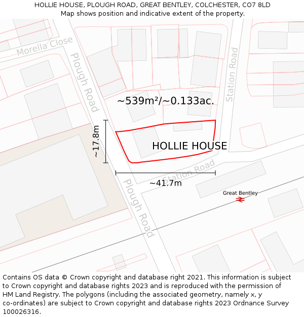 HOLLIE HOUSE, PLOUGH ROAD, GREAT BENTLEY, COLCHESTER, CO7 8LD: Plot and title map