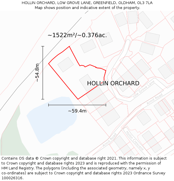 HOLLIN ORCHARD, LOW GROVE LANE, GREENFIELD, OLDHAM, OL3 7LA: Plot and title map