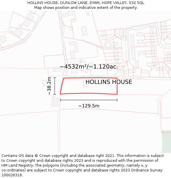 HOLLINS HOUSE, DUNLOW LANE, EYAM, HOPE VALLEY, S32 5QL: Plot and title map