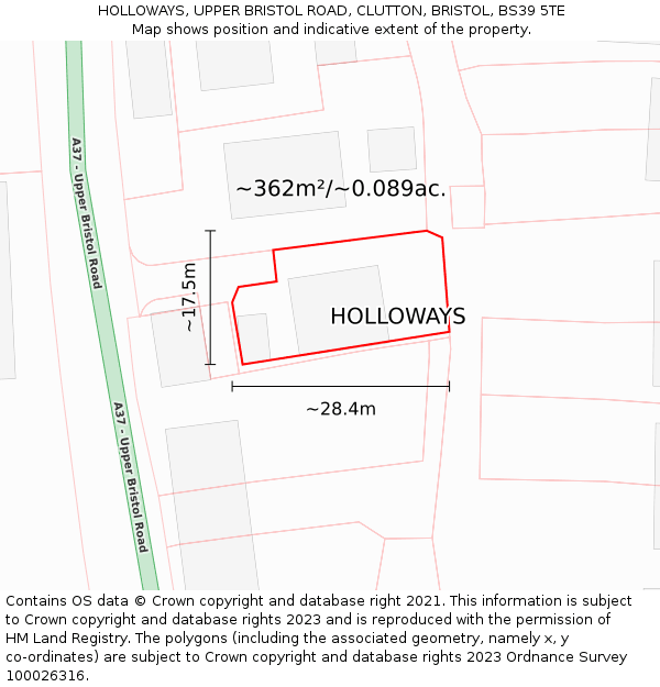 HOLLOWAYS, UPPER BRISTOL ROAD, CLUTTON, BRISTOL, BS39 5TE: Plot and title map