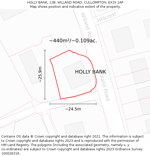 HOLLY BANK, 12B, WILLAND ROAD, CULLOMPTON, EX15 1AP: Plot and title map