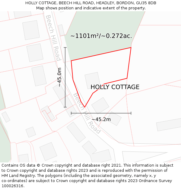 HOLLY COTTAGE, BEECH HILL ROAD, HEADLEY, BORDON, GU35 8DB: Plot and title map