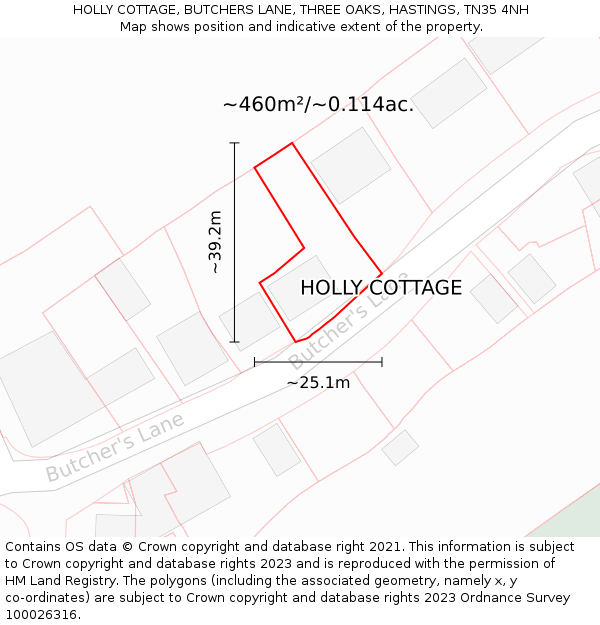 HOLLY COTTAGE, BUTCHERS LANE, THREE OAKS, HASTINGS, TN35 4NH: Plot and title map