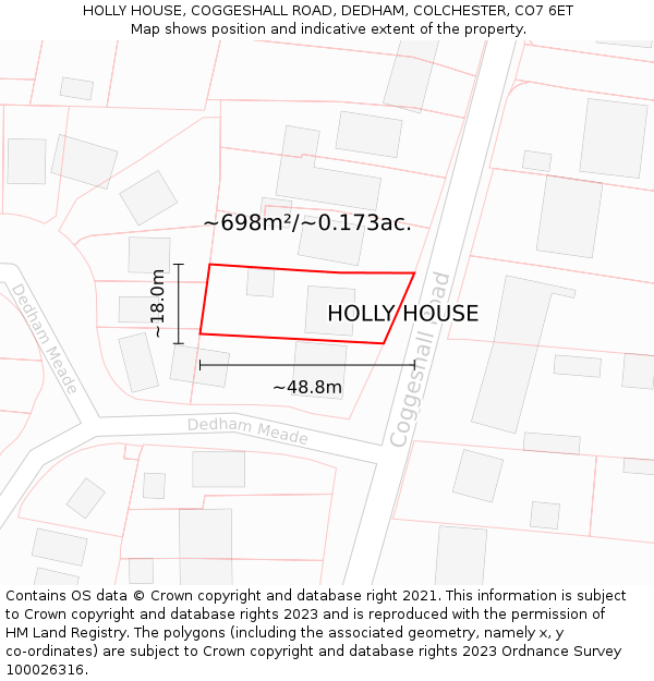 HOLLY HOUSE, COGGESHALL ROAD, DEDHAM, COLCHESTER, CO7 6ET: Plot and title map