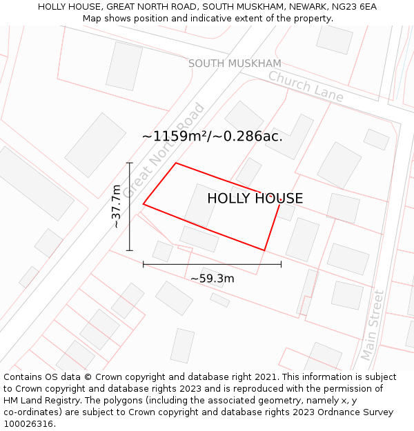 HOLLY HOUSE, GREAT NORTH ROAD, SOUTH MUSKHAM, NEWARK, NG23 6EA: Plot and title map