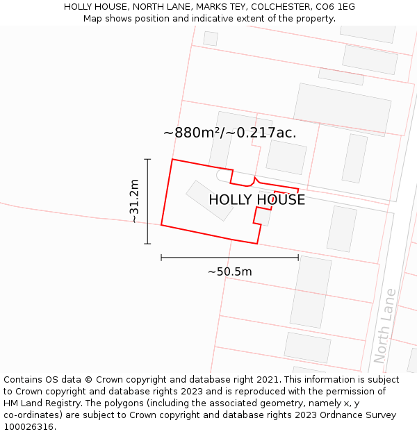 HOLLY HOUSE, NORTH LANE, MARKS TEY, COLCHESTER, CO6 1EG: Plot and title map