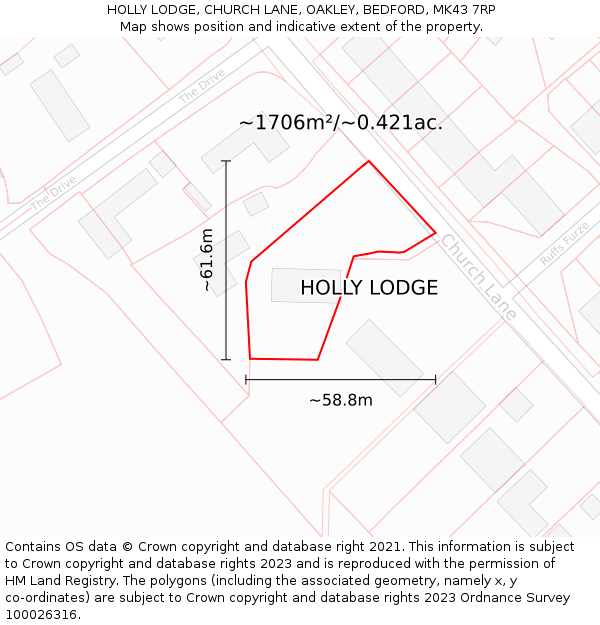 HOLLY LODGE, CHURCH LANE, OAKLEY, BEDFORD, MK43 7RP: Plot and title map