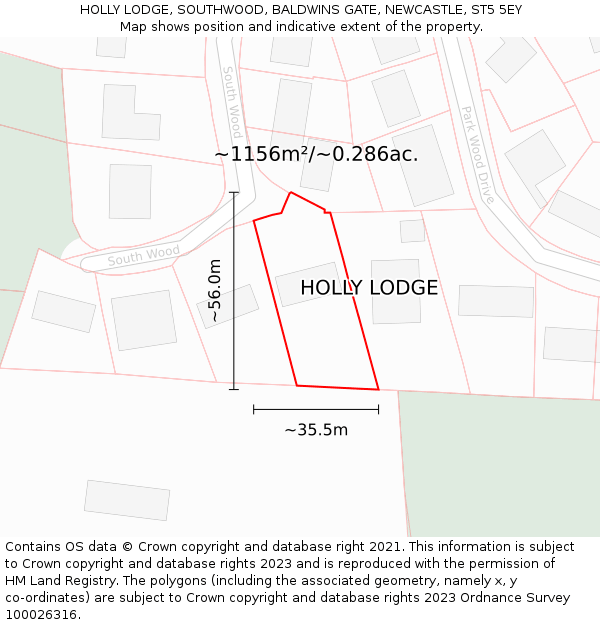 HOLLY LODGE, SOUTHWOOD, BALDWINS GATE, NEWCASTLE, ST5 5EY: Plot and title map