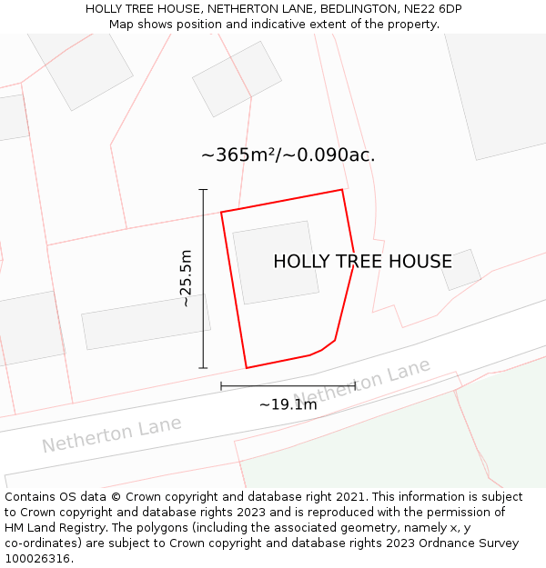 HOLLY TREE HOUSE, NETHERTON LANE, BEDLINGTON, NE22 6DP: Plot and title map