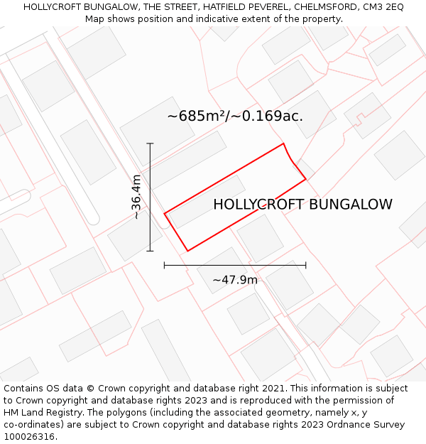 HOLLYCROFT BUNGALOW, THE STREET, HATFIELD PEVEREL, CHELMSFORD, CM3 2EQ: Plot and title map