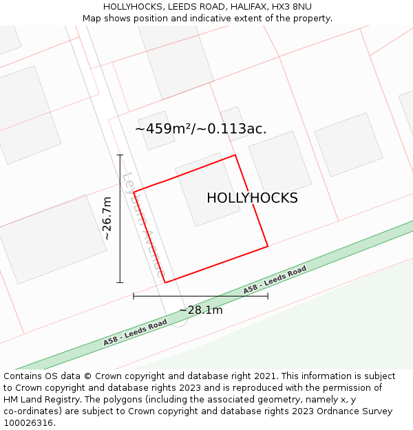 HOLLYHOCKS, LEEDS ROAD, HALIFAX, HX3 8NU: Plot and title map