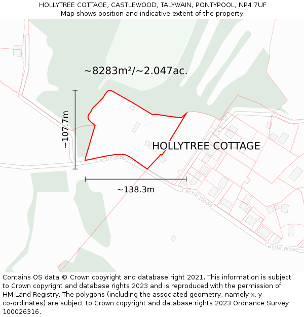 HOLLYTREE COTTAGE, CASTLEWOOD, TALYWAIN, PONTYPOOL, NP4 7UF: Plot and title map