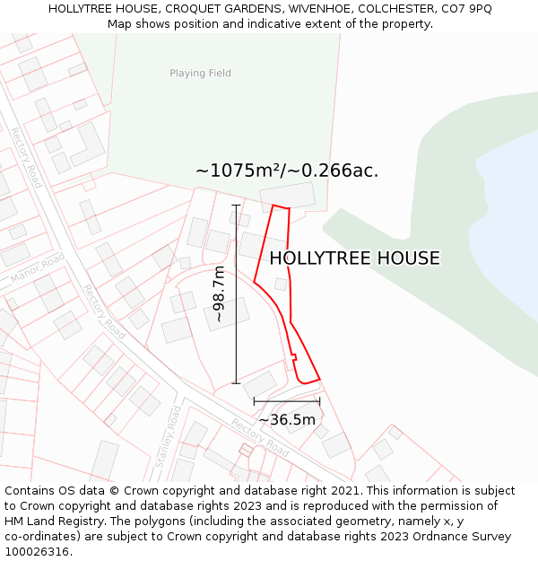 HOLLYTREE HOUSE, CROQUET GARDENS, WIVENHOE, COLCHESTER, CO7 9PQ: Plot and title map
