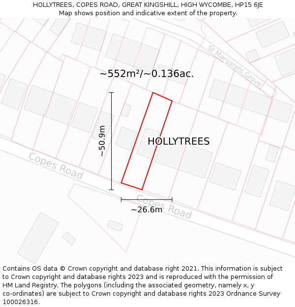 HOLLYTREES, COPES ROAD, GREAT KINGSHILL, HIGH WYCOMBE, HP15 6JE: Plot and title map