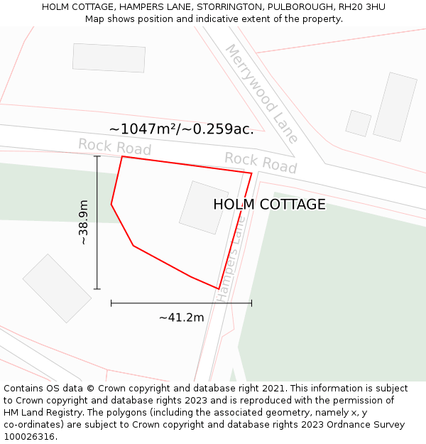 HOLM COTTAGE, HAMPERS LANE, STORRINGTON, PULBOROUGH, RH20 3HU: Plot and title map