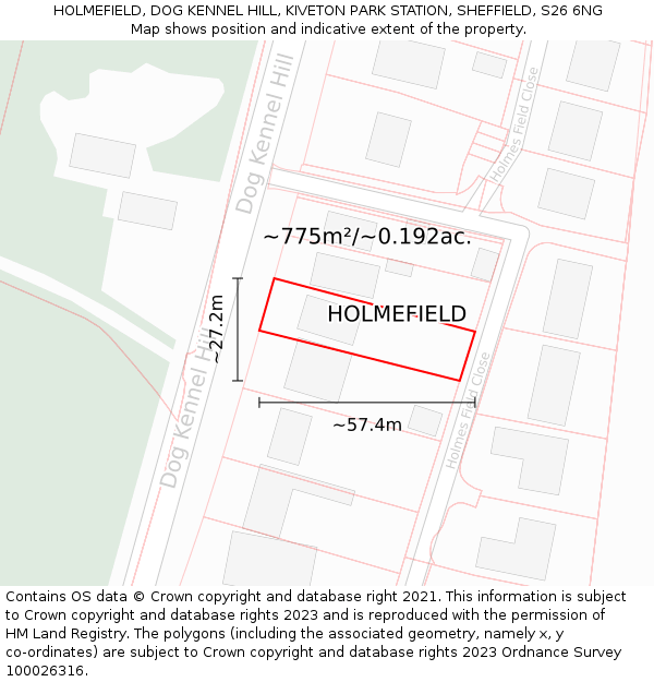 HOLMEFIELD, DOG KENNEL HILL, KIVETON PARK STATION, SHEFFIELD, S26 6NG: Plot and title map