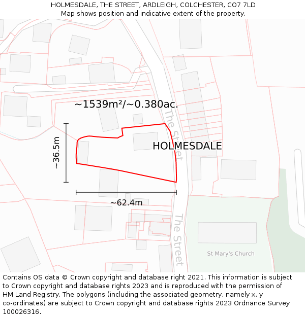 HOLMESDALE, THE STREET, ARDLEIGH, COLCHESTER, CO7 7LD: Plot and title map